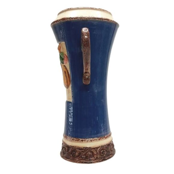 Blue Yellow Fruit Vase 11" Charleston Style Handcrafted Decor - Picture 3 of 12